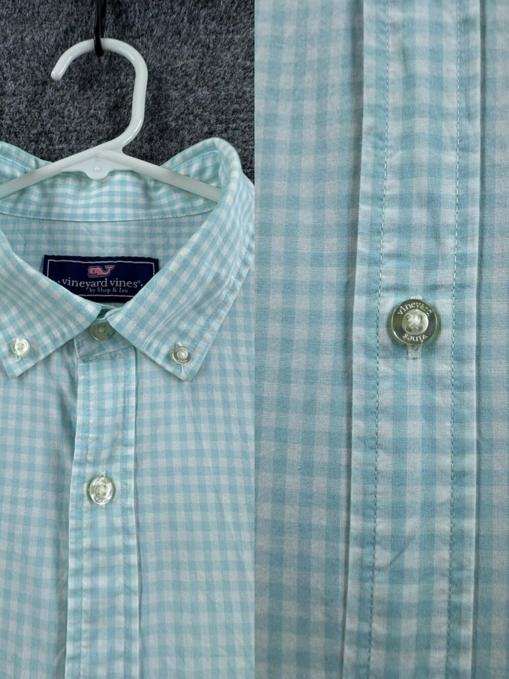 Vineyard Vines Logo Blue White Whale Cotton Large Button-Down Check Casual Shirt